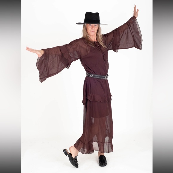 NWT Brown Sheer Maxi Dress with Flowy Sleeves size M/L - Picture 2 of 16